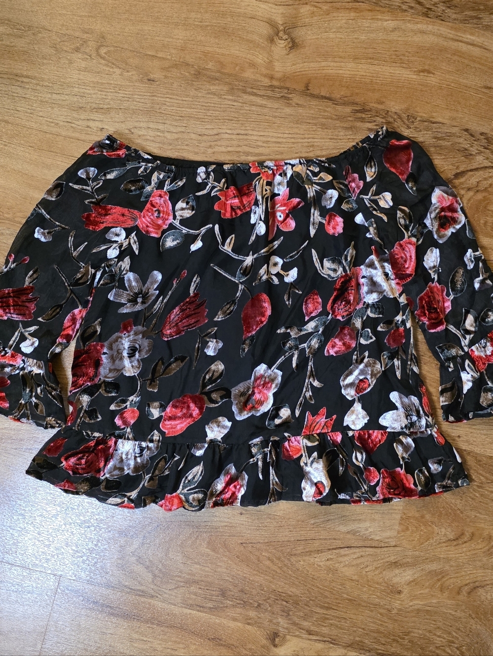 Isla Maude Black Sheer Rose Velvet Over the Shoulder Top